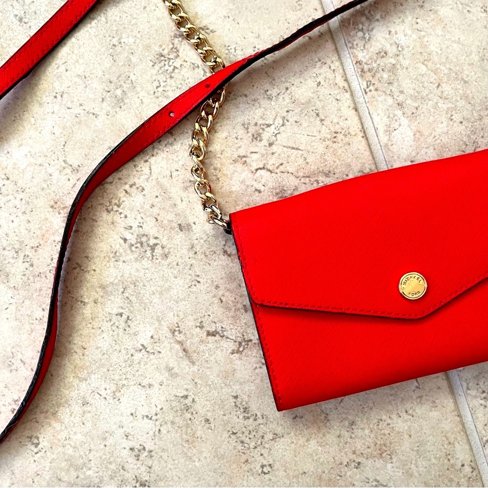 Michael Kors Cherry Red Mini Crossbody Bag with Gold Chain Everyday Casual Purse - Picture 3 of 12
